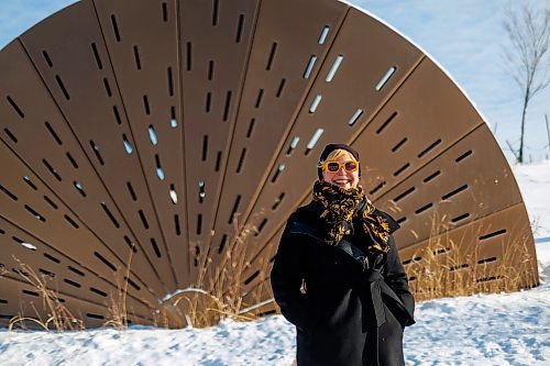 MIKE DEAL / FREE PRESS
Tamara Rae Biebrich, public art manager, Winnipeg Arts Council in front of one of the pieces that constitute the work by Jyhling Lee called Outcroppings, an aluminum landscape sculpture on Waverley Street near Taylor Avenue.
Reporter: AV Kitching
250113 - Monday, January 13, 2025.