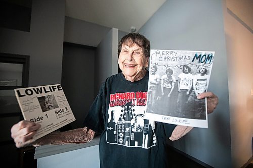 MIKAELA MACKENZIE / FREE PRESS
	

Gail Halldorson, teen punk rocker host and &#x201c;mom,&#x201d; on Tuesday, Jan. 7, 2025. Decades ago, Winnipeg punk band Lowlife got its start practicing in her basement. The band was made up of Gail&#x2019;s son Mark and Richard Duguay, who has gone on to lead a successful music career in LA. Duguay is playing a show in Winnipeg on Jan 17 and Gail, now 88, plans to be in attendance for what she jokingly describes her &#x201c;last dance.&#x201d;

For Eva story.
Winnipeg Free Press 2025