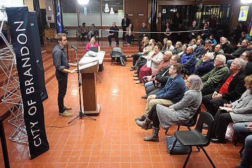 15012025
Ryan Nickel, Director of Planning and Buildings for the City of Brandon, speaks to Brandonites at City Hall during the the State of the Downtown event put on by the Brandon Downtown Development Corporation (BDDC), Brandon Downtown BIZ and the City of Brandon on Wednesday evening. 
(Tim Smith/The Brandon Sun)