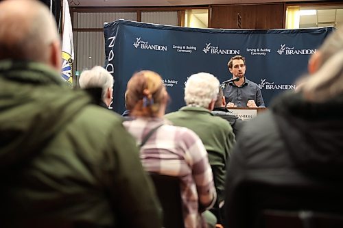 15012025
Ryan Nickel, Director of Planning and Buildings for the City of Brandon, speaks to Brandonites at City Hall during the the State of the Downtown event put on by the Brandon Downtown Development Corporation (BDDC), Brandon Downtown BIZ and the City of Brandon on Wednesday evening. 
(Tim Smith/The Brandon Sun)