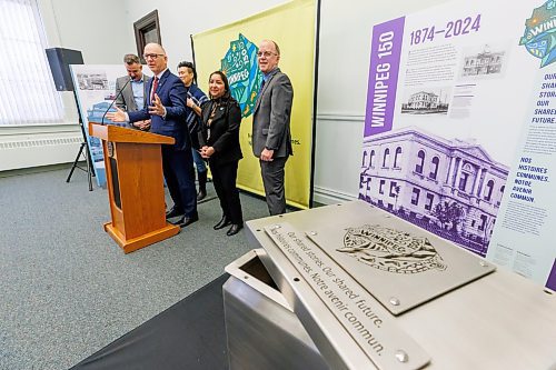MIKE DEAL / FREE PRESS
Mayor Scott Gillingham, City Archivist Konrad Krahn and a few councillors (from left) Evan Duncan, Vivian Santos, Devi Sharma, and Shawn Dobson, were on hand to close the Winnipeg 150 time capsule to marking the conclusion of Winnipeg 150. The time capsule will be stored at the City’s Archives until it is opened for the City’s 200th Anniversary in 2074.
250117 - Friday, January 17, 2025.