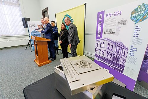 MIKE DEAL / FREE PRESS
Mayor Scott Gillingham, City Archivist Konrad Krahn and a few councillors (from left) Evan Duncan, Vivian Santos, Devi Sharma, and Shawn Dobson, were on hand to close the Winnipeg 150 time capsule to marking the conclusion of Winnipeg 150. The time capsule will be stored at the City’s Archives until it is opened for the City’s 200th Anniversary in 2074.
250117 - Friday, January 17, 2025.
