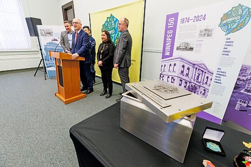 MIKE DEAL / FREE PRESS
Mayor Scott Gillingham, City Archivist Konrad Krahn and a few councillors (from left) Evan Duncan, Vivian Santos, Devi Sharma, and Shawn Dobson, were on hand to close the Winnipeg 150 time capsule to marking the conclusion of Winnipeg 150. The time capsule will be stored at the City’s Archives until it is opened for the City’s 200th Anniversary in 2074.
250117 - Friday, January 17, 2025.