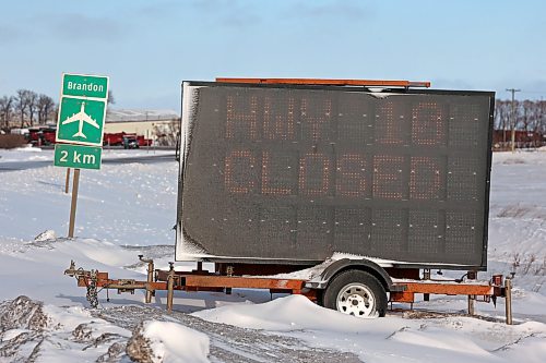 17012025
A digital sign on Highway 10 at the Trans Canada Highway in Brandon warms that the highway is closed on Friday. Several highways in southern Manitoba were closed Friday due to poor driving conditions. 
(Tim Smith/The Brandon Sun)