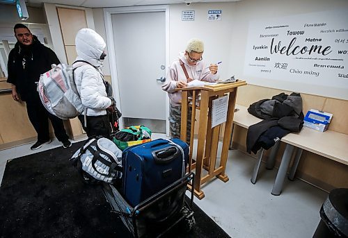 JOHN WOODS / FREE PRESS
Honesty gets checked in by Fatima Sheriff, shelter host as Kyle Morrisseau, shelter host looks on at Oak Table/Just A Warm Sleep (JAWS) overnight shelter in Osbourne Village Tuesday, January 14, 2025. Just A Warm Sleep, an overnight shelter in Osborne Village that recently made renovations to provide a safe, dignified place to stay for homeless people. Accessible showers, individual washrooms, lockers, phone chargers and a community kitchen and dining room are some amenities at the shelter and breaks the mould of what traditional overnight shelters in Winnipeg can look like.
Reporter: nicole