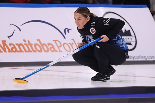 Lane Prokopowich lines up a shot in her team's first draw of the the 2025 RME Women of the Rings. (Matt Packwood/The Brandon Sun)