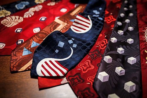 JOHN WOODS / FREE PRESS
Paul Rempel, who collects ties from the 1940s, shows some of his jacquard fabric collection at his home Tuesday, January 28, 2025. In jacquard fabric, the pattern and colours are incorporated into the weave instead of being printed or dyed onto the surface.