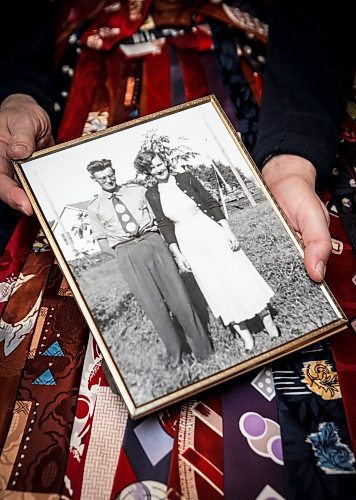JOHN WOODS / FREE PRESS
Paul Rempel, who collects ties from the 1940s, shows some of his collection with a photo of his parents David and Kathryn at his home Tuesday, January 28, 2025.
Reporter: dave