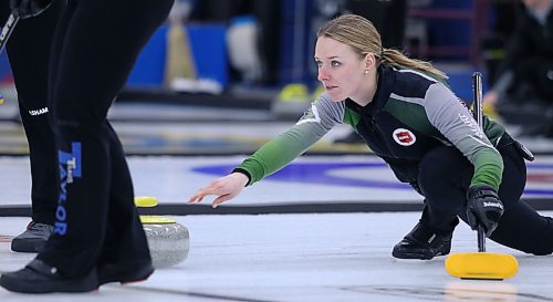 Alyssa Calvert throws a rock in her Super League quarterfinal match against Duane Payette. (Matt Packwood/The Brandon Sun)