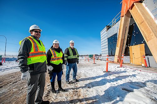 MIKAELA MACKENZIE / FREE PRESS
	

Cody Mercer, T1DC chief development officer (left), Kathleen Bluesky, CEO of Treaty One Development Corporation (T1DC), and Warren Thorvaldson, project manager at Treaty One Construction at the Naawi-Ooodena development at old Kapyong property on Friday, Jan. 31, 2025. The first building in progress on the billion dollar development is the gas bar. 

For Martin Cash story.
Winnipeg Free Press 2025