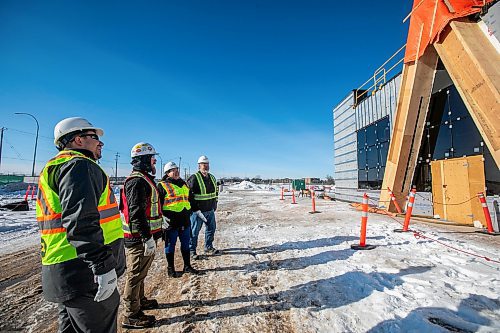 MIKAELA MACKENZIE / FREE PRESS
Cody Mercer, T1DC chief development officer (left), Justin Richards, superintendant at PCL construction, Kathleen Bluesky, CEO of Treaty One Development Corporation (T1DC), and Warren Thorvaldson, project manager at Treaty One Construction at the Naawi-Ooodena development at old Kapyong property on Friday, Jan. 31, 2025. The first building in progress on the billion dollar development is the gas bar.
For Martin Cash story.
Winnipeg Free Press 2025