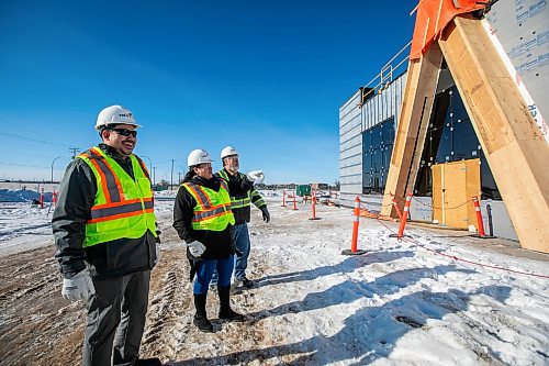 MIKAELA MACKENZIE / FREE PRESS
	

Cody Mercer, T1DC chief development officer (left), Kathleen Bluesky, CEO of Treaty One Development Corporation (T1DC), and Warren Thorvaldson, project manager at Treaty One Construction at the Naawi-Ooodena development at old Kapyong property on Friday, Jan. 31, 2025. The first building in progress on the billion dollar development is the gas bar. 

For Martin Cash story.
Winnipeg Free Press 2025