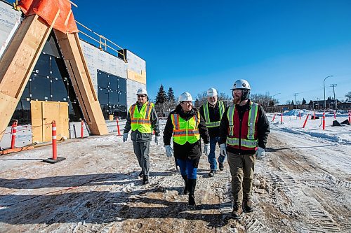 MIKAELA MACKENZIE / FREE PRESS
Cody Mercer, T1DC chief development officer (left), Kathleen Bluesky, CEO of Treaty One Development Corporation (T1DC), Warren Thorvaldson, project manager at Treaty One Construction, and Justin Richards, superintendant at PCL construction, at the Naawi-Ooodena development at old Kapyong property on Friday, Jan. 31, 2025. The first building in progress on the billion dollar development is the gas bar.
For Martin Cash story.
Winnipeg Free Press 2025