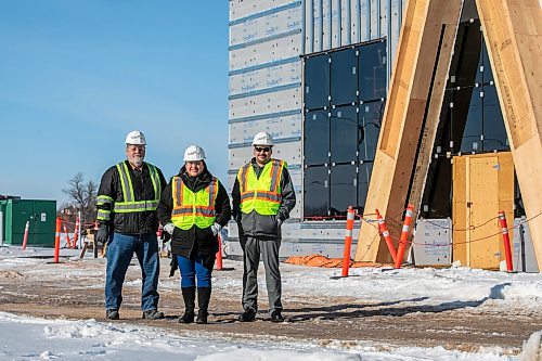 MIKAELA MACKENZIE / FREE PRESS
	

Warren Thorvaldson, project manager at Treaty One Construction (left), Kathleen Bluesky, CEO of Treaty One Development Corporation (T1DC), and Cody Mercer, T1DC chief development officer, at the Naawi-Ooodena development at old Kapyong property on Friday, Jan. 31, 2025. The first building in progress on the billion dollar development is the gas bar. 

For Martin Cash story.
Winnipeg Free Press 2025