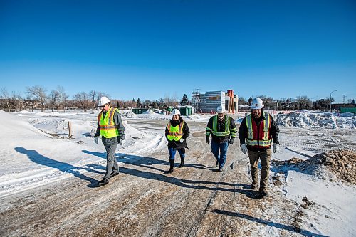 MIKAELA MACKENZIE / FREE PRESS
Cody Mercer, T1DC chief development officer (left), Kathleen Bluesky, CEO of Treaty One Development Corporation (T1DC), Warren Thorvaldson, project manager at Treaty One Construction, and Justin Richards, superintendant at PCL construction, at the Naawi-Ooodena development at old Kapyong property on Friday, Jan. 31, 2025. The first building in progress on the billion dollar development is the gas bar.
For Martin Cash story.
Winnipeg Free Press 2025