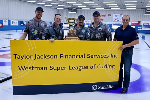 Team Irwin's Travis Brooks, Travis Gouldie, Travis Taylor and Steve Irwin pose with Shawn Taylor of Taylor Jackson Financial Services in recieving the trophy as Westman Super League of Curling Champions. (Matt Packwood/The Brandon Sun)