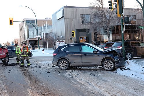 03022025
Emergency crews responded to a two vehicle collision at the intersection of Princess Avenue and 10th Street in Brandon on Monday afternoon. Both vehicles involved in the collision hit light standards after colliding. Portions of 10th Street and Princess Avenue were closed at the intersection until the vehicles were removed and the debris cleaned up.
(Tim Smith/The Brandon Sun)