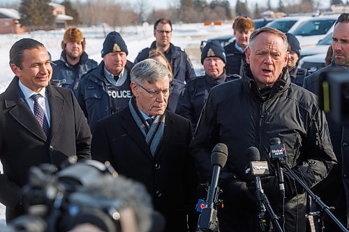 MIKE DEAL / FREE PRESS
Federal Public Safety Minister David McGuinty, Premier Wab Kinew, Sport Minister Terry Duguid, minister responsible for Prairies Economic Development Canada, and MP Ben Carr (Winnipeg South Centre) talks to the media after meeting with law enforcement officers from many branches Tuesday to talk about border security.
Reporter: Scott Billeck
250204 - Tuesday, February 04, 2025.