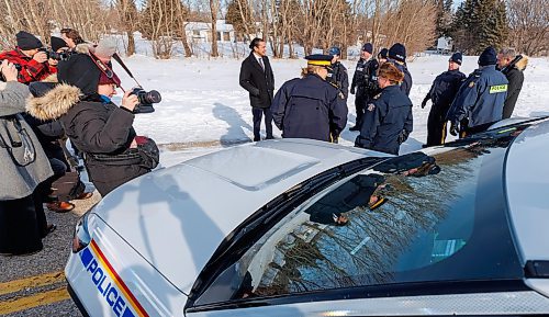MIKE DEAL / FREE PRESS
Premier Wab Kinew chats with law enforcement officers at the border Tuesday afternoon.
Federal Public Safety Minister David McGuinty, Premier Wab Kinew, Sport Minister Terry Duguid, minister responsible for Prairies Economic Development Canada, and MP Ben Carr (Winnipeg South Centre) met with law enforcement officers from many branches Tuesday to talk about border security and get a demonstration on how the agents at the border search for fentanyl.
Reporter: Scott Billeck
250204 - Tuesday, February 04, 2025.