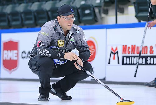 Brandon's Steve Irwin watches one of his shots during Thursday's action at the Viterra Championship in Portage la Prairie. (Matt Packwood/The Brandon Sun)
