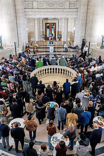 MIKE DEAL / FREE PRESS
Health, Seniors and Long-Term Care Minister Uzoma Asagwara talks to a crowded rotunda at the Manitoba Legislative Building Thursday afternoon during a celebration of Black History Month.
Reporter: Maggie Macintosh
250206 - Thursday, February 06, 2025.