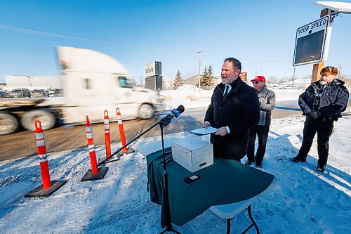 MIKE DEAL / FREE PRESS
Matt Wiebe, Minister of Justice and Attorney General of Manitoba, speaks during the press conference.
Matt Wiebe, Minister of Justice and Attorney General of Manitoba, Satvir Jatana, President & CEO of Manitoba Public Insurance and Larry Johannson, Mayor, City of Selkirk, gathered at the speed display sign on Main Street in Selkirk, Manitoba, to talk about the importance of the Speed Display Sign Loan Program and the results of the pilot program.
Reporter: Nicole Buffie
250207 - Friday, February 07, 2025.