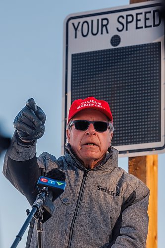MIKE DEAL / FREE PRESS
Larry Johannson, Mayor, City of Selkirk, speaks during the press conference.
Matt Wiebe, Minister of Justice and Attorney General of Manitoba, Satvir Jatana, President & CEO of Manitoba Public Insurance and Larry Johannson, Mayor, City of Selkirk, gathered at the speed display sign on Main Street in Selkirk, Manitoba, to talk about the importance of the Speed Display Sign Loan Program and the results of the pilot program.
Reporter: Nicole Buffie
250207 - Friday, February 07, 2025.