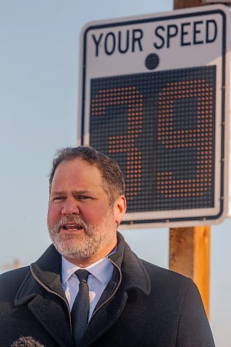 MIKE DEAL / FREE PRESS
Matt Wiebe, Minister of Justice and Attorney General of Manitoba, speaks during the press conference.
Matt Wiebe, Minister of Justice and Attorney General of Manitoba, Satvir Jatana, President &amp; CEO of Manitoba Public Insurance and Larry Johannson, Mayor, City of Selkirk, gathered at the speed display sign on Main Street in Selkirk, Manitoba, to talk about the importance of the Speed Display Sign Loan Program and the results of the pilot program.
Reporter: Nicole Buffie
250207 - Friday, February 07, 2025.