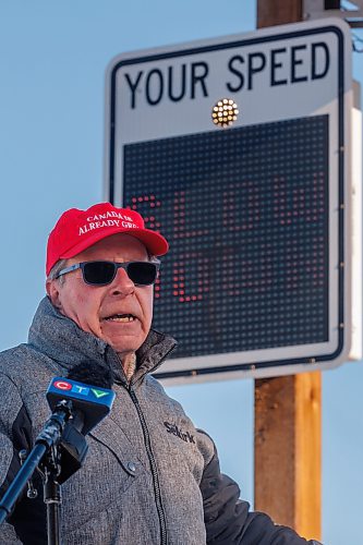 MIKE DEAL / FREE PRESS
Larry Johannson, Mayor, City of Selkirk, speaks during the press conference.
Matt Wiebe, Minister of Justice and Attorney General of Manitoba, Satvir Jatana, President & CEO of Manitoba Public Insurance and Larry Johannson, Mayor, City of Selkirk, gathered at the speed display sign on Main Street in Selkirk, Manitoba, to talk about the importance of the Speed Display Sign Loan Program and the results of the pilot program.
Reporter: Nicole Buffie
250207 - Friday, February 07, 2025.