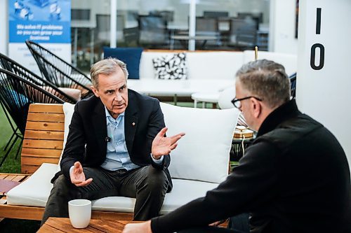 JOHN WOODS / FREE PRESS
Mark Carney, candidate for the Liberal party leadership, talks to Dan Lett at Launch Co-working Space Monday, February 10, 2025.
Reporter: dan