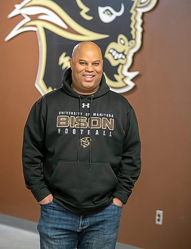 BROOK JONES/FREE PRESS
The University of Manitoba Bisons football team's newly minted head coach Stan Pierre, 53, is pictured in front of a Bison logo at Princess Auto Stadium in Winnipeg, Man., Monday, Feb. 10, 2025.