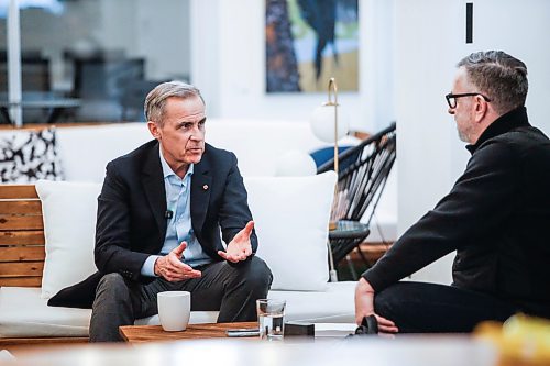JOHN WOODS / FREE PRESS
Mark Carney, candidate for the Liberal party leadership, talks to Dan Lett at Launch Co-working Space Monday, February 10, 2025.
Reporter: dan