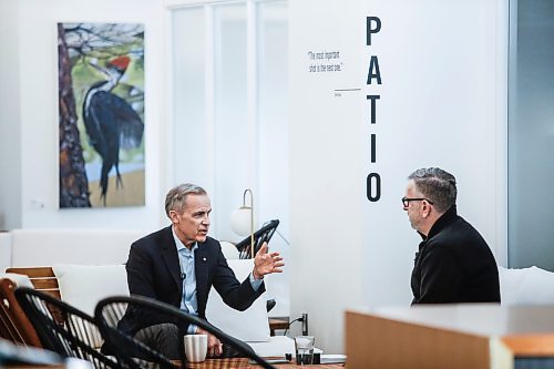 JOHN WOODS / FREE PRESS
Mark Carney, candidate for the Liberal party leadership, talks to Dan Lett at Launch Co-working Space Monday, February 10, 2025.
Reporter: dan