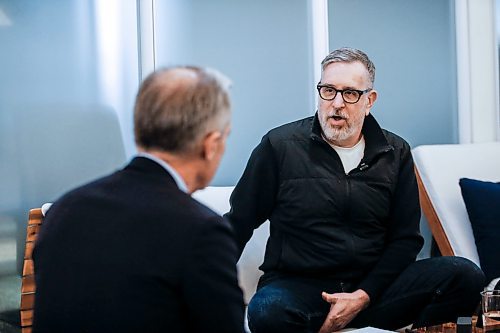JOHN WOODS / FREE PRESS
Mark Carney, candidate for the Liberal party leadership, talks to Dan Lett at Launch Co-working Space Monday, February 10, 2025. 

Reporter: dan