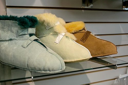 BROOK JONES/FREE PRESS
Sheepskin slippers are pictured in the showroom at Lambskin Specialties/The Wonderful World of Sheepskin, a local manufacturer and storefront, at 250 Dufferin Ave. in Winnipeg, Man., Wednesday, Feb. 12, 2025.