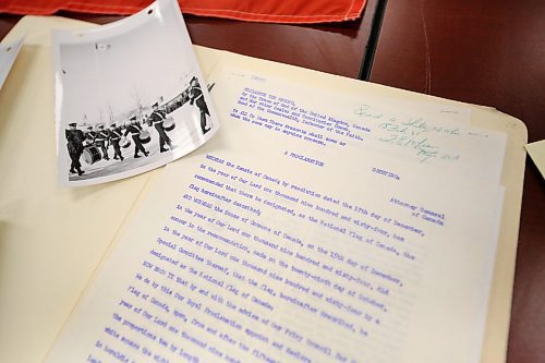 The Royal Canadian Artillery Museum at CFB Shilo holds a copy of the original proclamation speach given at the first raising of the Maple Leaf flag in 1965 at CFB Shilo, along with three pictures of soldiers lowering of the former Red Ensign flag and raising the new flag on Feb. 15, 1965. (Matt Goerzen/The Brandon Sun)