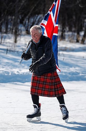JOHN WOODS / FREE PRESS
Dwight MacAulay and others participate in The Great Canadian Kilt Skate at the Assiniboine Park duck pond Monday, February 17, 2025. The event is organized by The St Andrew’s Society of Winnipeg.
Reporter: scott