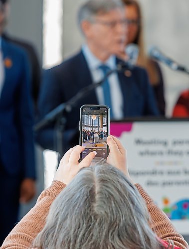 MIKE DEAL / FREE PRESS
Sport Minister Terry Duguid, minister responsible for Prairies Economic Development Canada, speaks during the event while a person takes a photo with a phone.
Federal Families, Children and Social Development Minister Jenna Sudds and Education and Early Childhood Learning Minister Tracy Schmidt announce that the federal and provincial governments have partnered with health-care facilities, schools and post-secondary institutions across the province to open up child-care spaces for children up to six years old, during a press conference held at the I.H. Asper Clinical Research Institute, St. Boniface Hospital, 369Tach&#xe9; Ave, Tuesday afternoon.
The event was attended by Nicole Aminot President and CEO St. Boniface Hospital, and other MLA&#x2019;s and MP&#x2019;s, Sport Minister Terry Duguid, minister responsible for Prairies Economic Development Canada, Health, Seniors and Long-term care Minister Uzoma Asagwara, Dan Vandal, member of Parliament, Saint Boniface-Saint Vital, Ben Carr, member of Parliament, Winnipeg South Centre, and Robert Loiselle, MLA for St. Boniface.
Reporter: Malak Abas 
250218 - Tuesday, February 18, 2025.