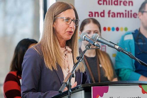 MIKE DEAL / FREE PRESS
Nicole Aminot President and CEO St. Boniface Hospital, speaks during the event.
Federal Families, Children and Social Development Minister Jenna Sudds and Education and Early Childhood Learning Minister Tracy Schmidt announce that the federal and provincial governments have partnered with health-care facilities, schools and post-secondary institutions across the province to open up child-care spaces for children up to six years old, during a press conference held at the I.H. Asper Clinical Research Institute, St. Boniface Hospital, 369Tach&#xe9; Ave, Tuesday afternoon.
The event was attended by Nicole Aminot President and CEO St. Boniface Hospital, and other MLA&#x2019;s and MP&#x2019;s, Sport Minister Terry Duguid, minister responsible for Prairies Economic Development Canada, Health, Seniors and Long-term care Minister Uzoma Asagwara, Dan Vandal, member of Parliament, Saint Boniface-Saint Vital, Ben Carr, member of Parliament, Winnipeg South Centre, and Robert Loiselle, MLA for St. Boniface.
Reporter: Malak Abas 
250218 - Tuesday, February 18, 2025.