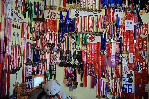 Ruth Bonneville / Free Press
LOCAL/SPORTS - Brita Hall
Photo of Brita Hall’s wall in her room with awards. This is one of two walls covered in medals and awards.
Ahead of her trip to the World Winter Games in Turin, Italy next month, MB Sports Hall of Famer Brita Hall is deep in training mode. The four-time Paralympian, at age 55, continues to not only compete, but improve in cross-country skiing, building on a skillset she started developing as a teenager. Over the course of a long career in Nordic sports in Manitoba, Hall has been a trailblazer, becoming the first Special Olympic athlete to be enshrined in the MB Sports Hall of Fame last fall.
See story by Ben Waldman
February 19/25
