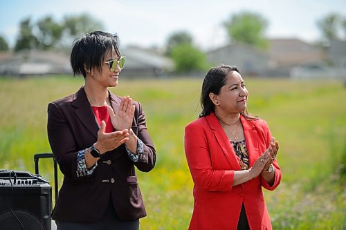 ETHAN CAIRNS / WINNIPEG FREE PRESS
Councillors Vivian Santos and Devi Sharma speak before the ground-breaking ceremony for the Five Rivers Business Centre being developed on Lucas Ave. in Winnipeg on Thursday, July 7, 2022