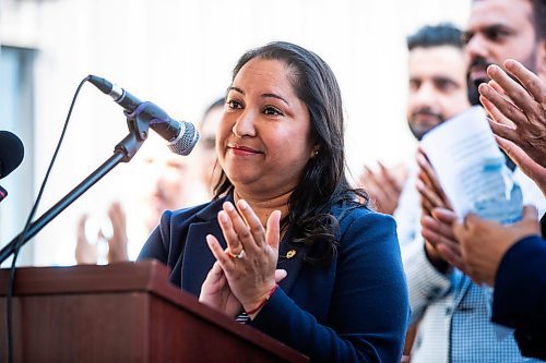 MIKAELA MACKENZIE / FREE PRESS
Councillor Devi Sharma speaks at the ribbon-cutting for Duffyճ Taxiճ new building on Notre Dame on Monday, Aug. 12, 2024.
For Aaron Epp story.