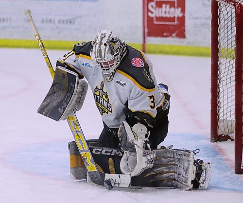 Mason Lobreau collects the puck in his team's 5-3 win over the Virden Oil Capitals (Matt Packwood/The Brandon Sun) Feb. 20, 2025