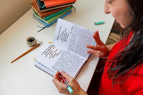 MIKE DEAL / FREE PRESS
Janet Murata a Japanese Canadian professional calligrapher who was a Maker-in-Residence with the Winnipeg Public Library in the fall of 2024.
Janet flips through one of her journals.
Reporter: AV Kitching
250225 - Tuesday, February 25, 2025.