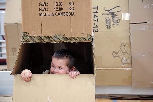 28022025
Four-year-old Coven Lougheed of the YMCA South Early Learning Centre, peers out of a cardboard creation while taking part in the annual Cardboard Box Challenge at AC’s Victoria Avenue East campus on Friday morning. The ECE program puts on the event which encourages creativity, problem-solving, teamwork and engineering skills amongst participants.
(Tim Smith/The Brandon Sun)