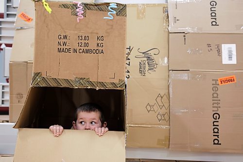 28022025
Four-year-old Coven Lougheed of the YMCA South Early Learning Centre, peers out of a cardboard creation while taking part in the annual Cardboard Box Challenge at AC’s Victoria Avenue East campus on Friday morning. The ECE program puts on the event which encourages creativity, problem-solving, teamwork and engineering skills amongst participants.
(Tim Smith/The Brandon Sun)
