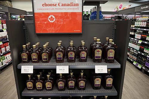 04032025
Canadian alcohol is advertised at the Brandon South Liquor Mart on Tuesday afternoon. The Manitoba government ordered American products removed from liquor stores Tuesday in response to tariffs imposed by U.S. President Donald Trump. (Tim Smith/The Brandon Sun)