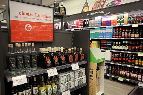 04032025
Canadian alcohol is advertised at the Brandon South Liquor Mart on Tuesday afternoon. The Manitoba government ordered American products removed from liquor stores Tuesday in response to tariffs imposed by U.S. President Donald Trump. (Tim Smith/The Brandon Sun)