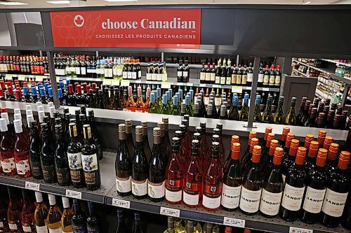 04032025
Canadian wine is advertised at the Brandon South Liquor Mart on Tuesday afternoon. The Manitoba government ordered American products removed from liquor stores Tuesday in response to tariffs imposed by U.S. President Donald Trump. (Tim Smith/The Brandon Sun)