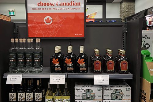 04032025
Canadian alcohol is advertised at the Brandon South Liquor Mart on Tuesday afternoon. The Manitoba government ordered American products removed from liquor stores Tuesday in response to tariffs imposed by U.S. President Donald Trump. (Tim Smith/The Brandon Sun)